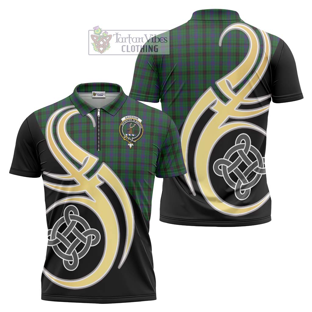 Tartan Vibes Clothing Davidson Tartan Zipper Polo Shirt with Family Crest and Celtic Symbol Style