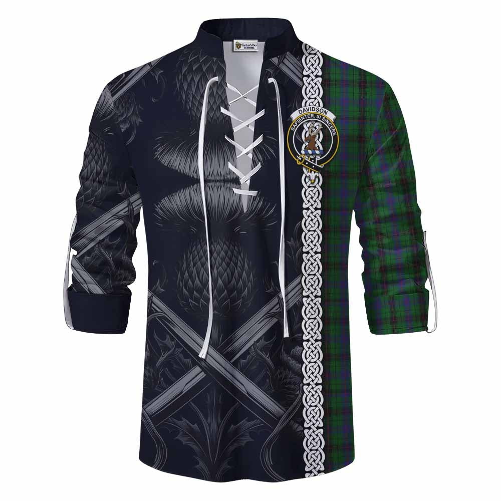 Davidson Tartan Ghillie Kilt Shirt with Family Crest Cross Sword Thistle Celtic Vibes Men - Tartan Vibes Clothing