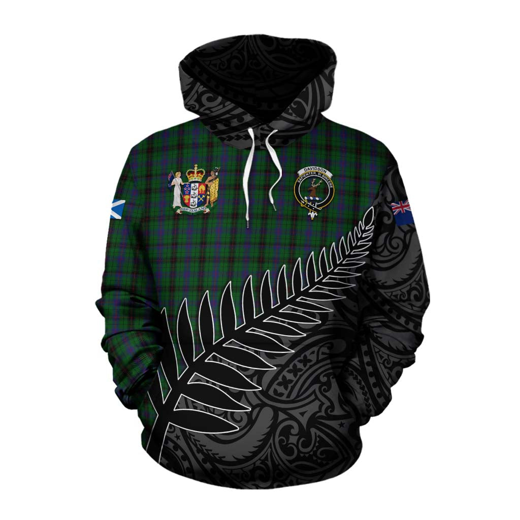 Tartan Vibes Clothing Davidson Crest Tartan Cotton Hoodie with New Zealand Silver Fern Half Style