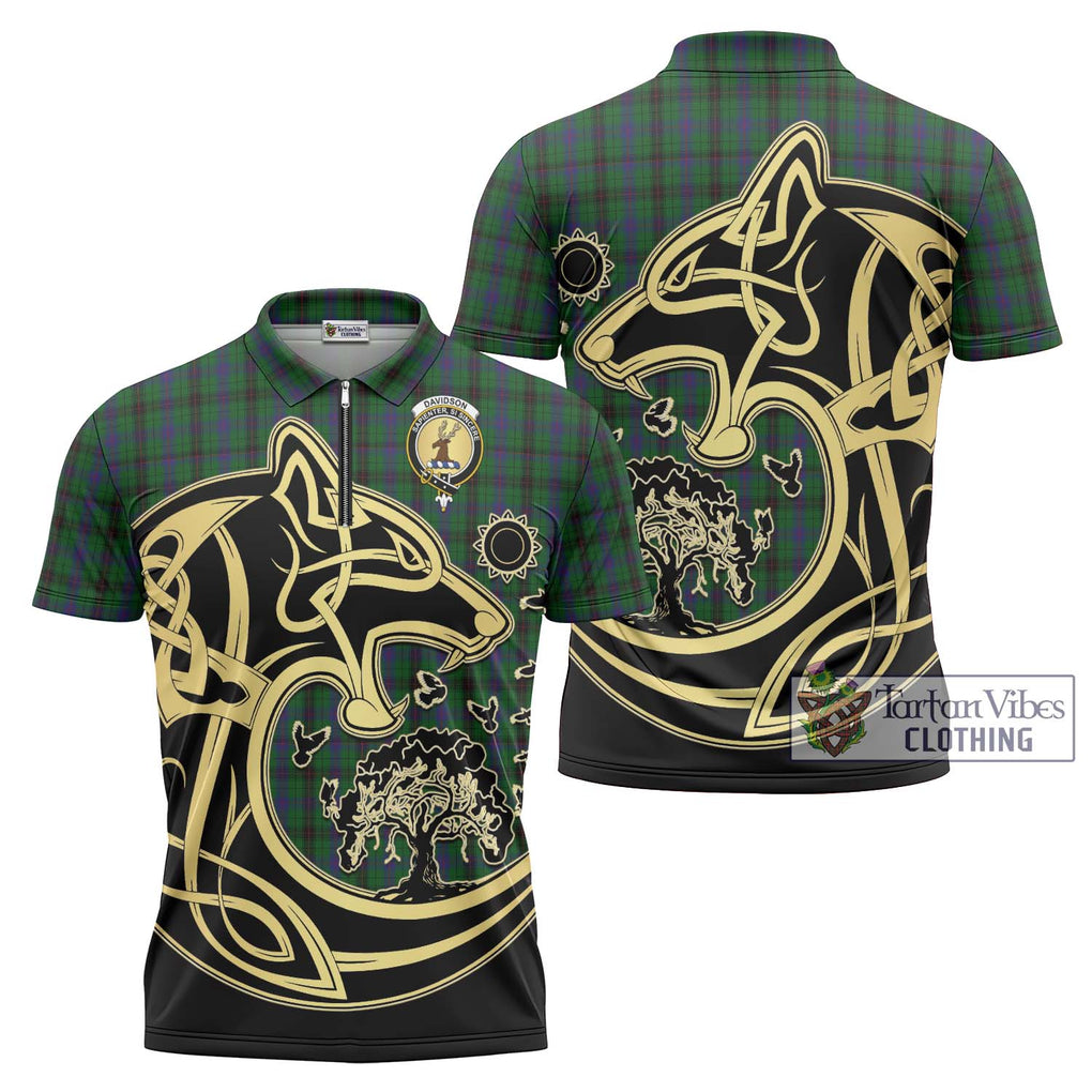 Davidson Tartan Zipper Polo Shirt with Family Crest Celtic Wolf Style Unisex - Tartan Vibes Clothing