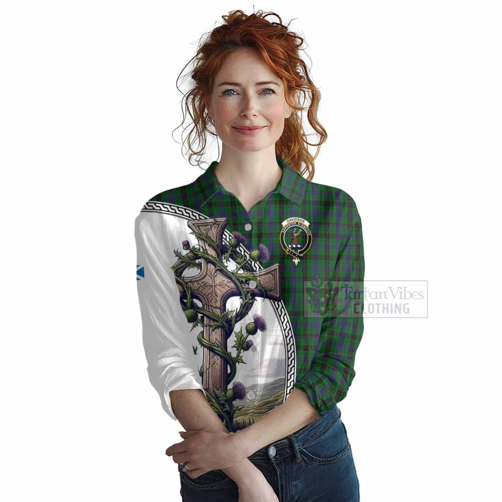 Tartan Vibes Clothing Davidson Tartan Women's Casual Shirt with Family Crest and St. Andrew's Cross Accented by Thistle Vines