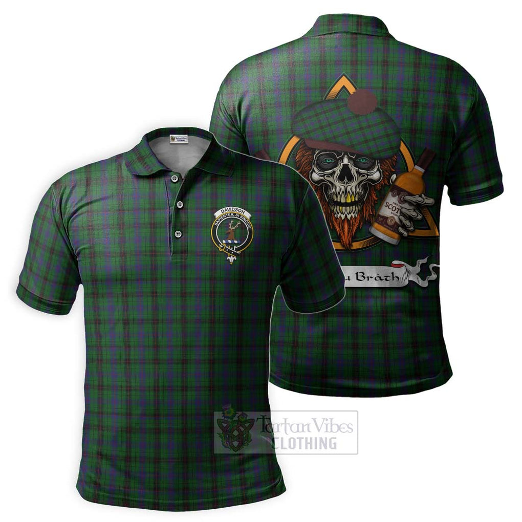 Tartan Vibes Clothing Davidson Tartan Polo Shirt with Family Crest and Bearded Skull Holding Bottles of Whiskey