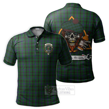 Davidson Tartan Polo Shirt with Family Crest and Bearded Skull Holding Bottles of Whiskey