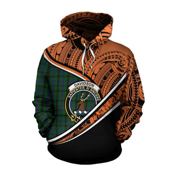 Davidson Crest Tartan Cotton Hoodie with Polynesian Vibes Style - Orange Version