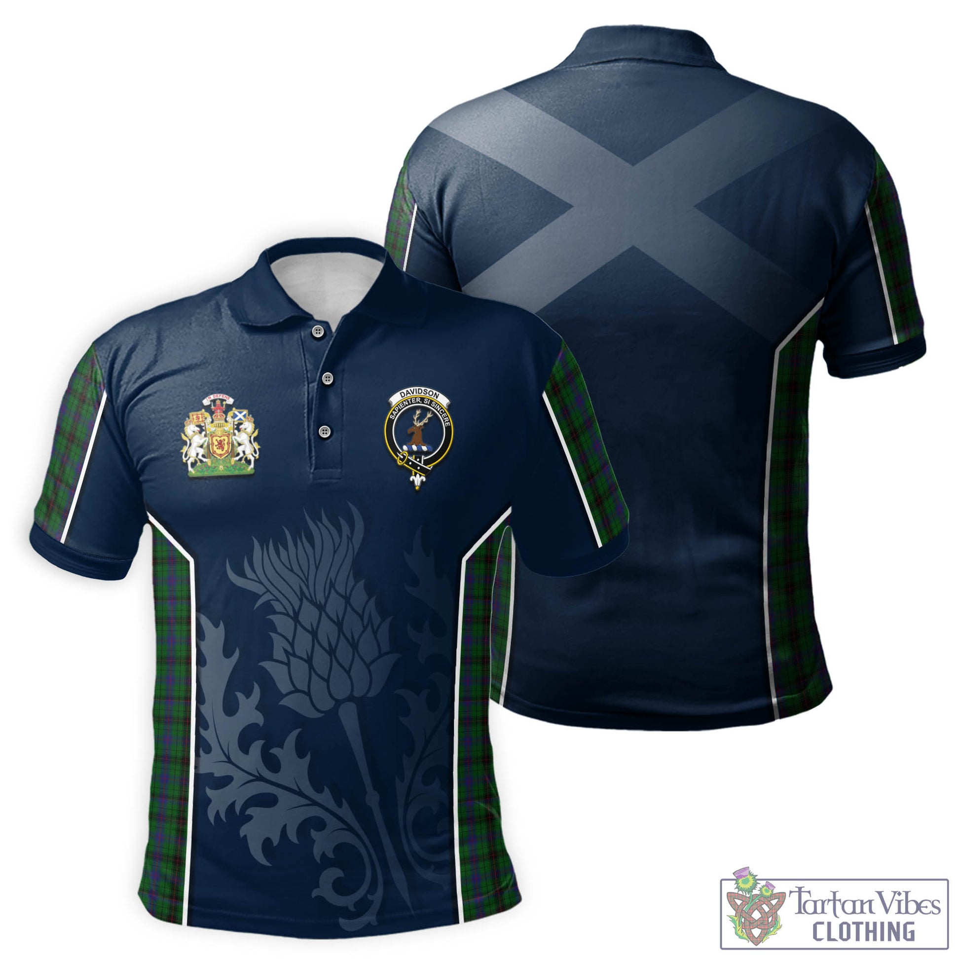 Tartan Vibes Clothing Davidson Tartan Men's Polo Shirt with Family Crest and Scottish Thistle Vibes Sport Style