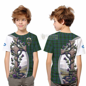 Davidson Tartan Kid T-Shirt with Family Crest and St. Andrew's Cross Accented by Thistle Vines Youth XL Size14 - Tartan Vibes Clothing