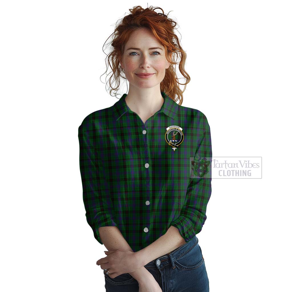 Tartan Vibes Clothing Davidson Tartan Women's Casual Shirt with Family Crest Celtic Skull Style