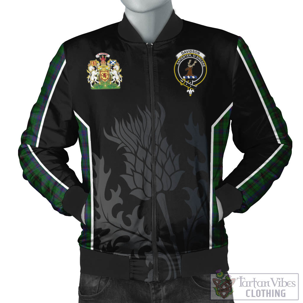 Tartan Vibes Clothing Davidson Tartan Bomber Jacket with Family Crest and Scottish Thistle Vibes Sport Style