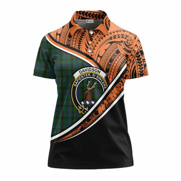 Davidson Crest Tartan Women's Polo Shirt with Polynesian Vibes Style - Orange Version