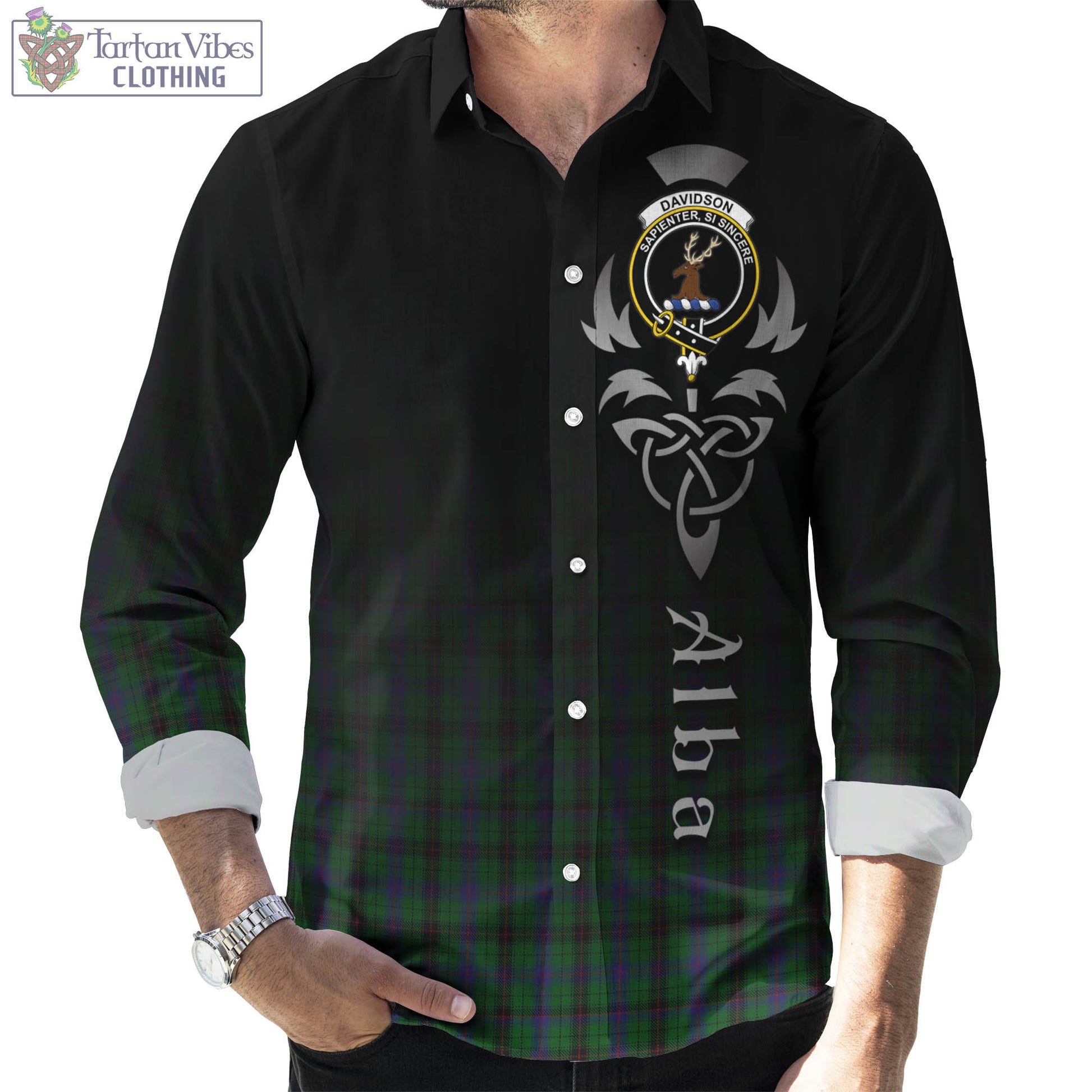 Tartan Vibes Clothing Davidson Tartan Long Sleeve Button Up Featuring Alba Gu Brath Family Crest Celtic Inspired