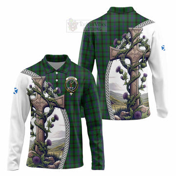 Davidson Tartan Long Sleeve Polo Shirt with Family Crest and St. Andrew's Cross Accented by Thistle Vines Unisex - Tartan Vibes Clothing