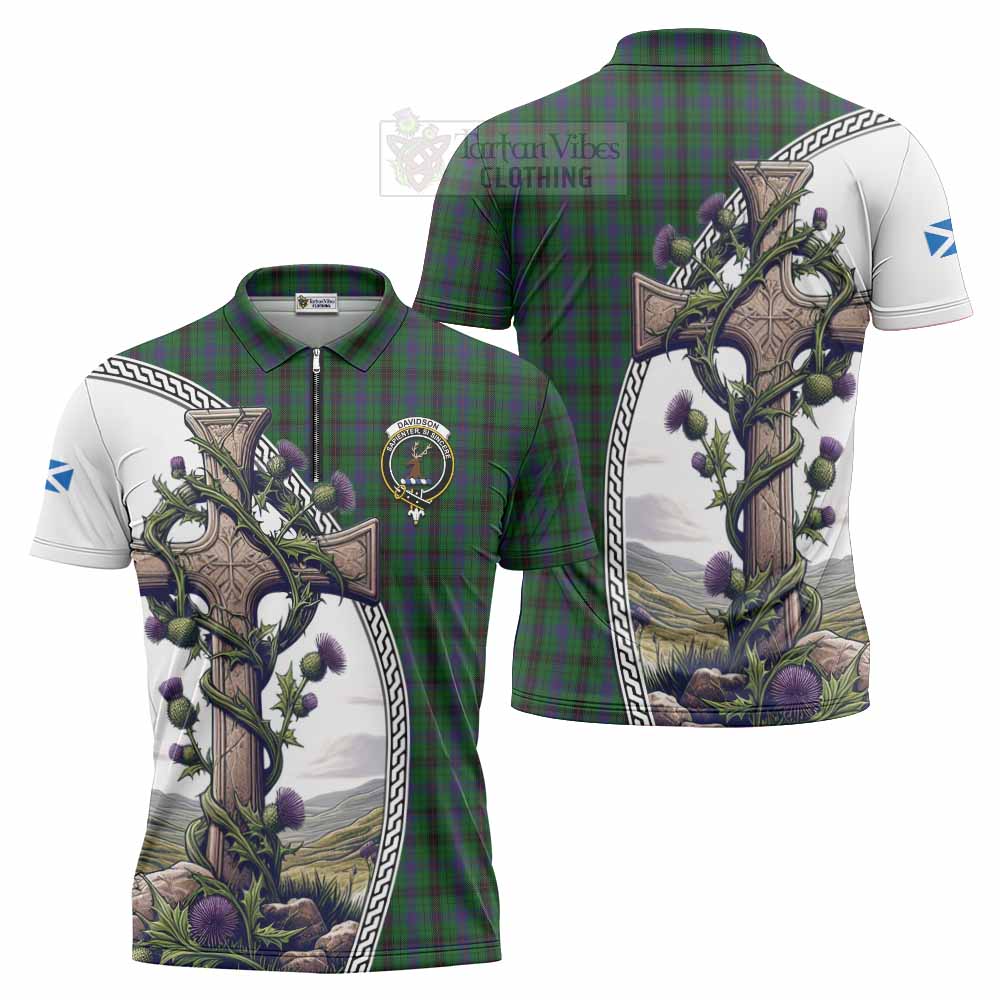 Tartan Vibes Clothing Davidson Tartan Zipper Polo Shirt with Family Crest and St. Andrew's Cross Accented by Thistle Vines