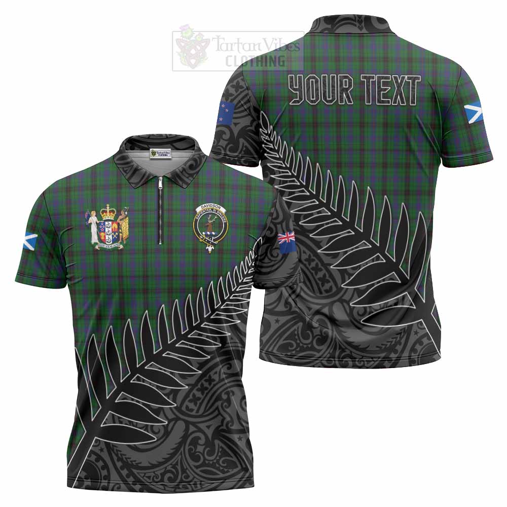 Tartan Vibes Clothing Davidson Crest Tartan Zipper Polo Shirt with New Zealand Silver Fern Half Style