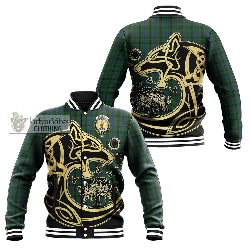 Davidson Tartan Baseball Jacket with Family Crest Celtic Wolf Style Unisex - Tartan Vibes Clothing