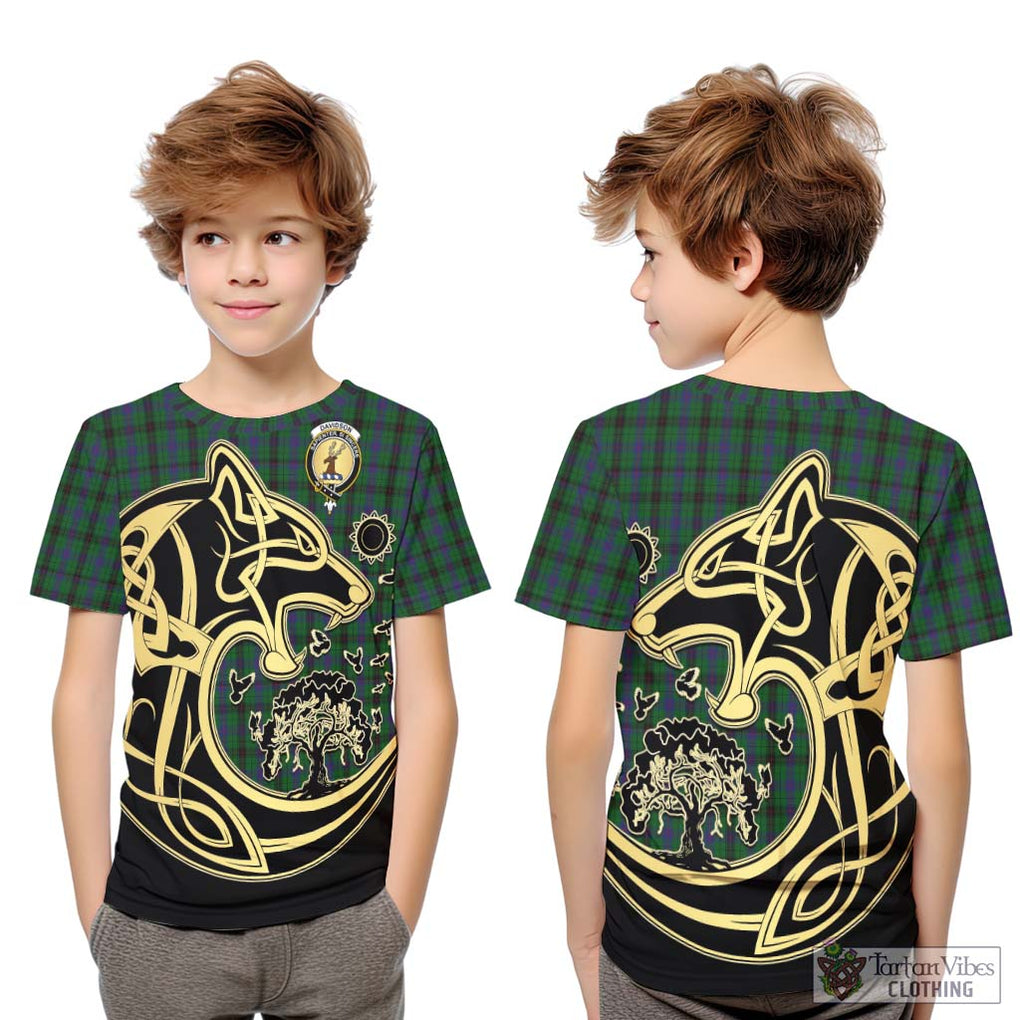 Davidson Tartan Kid T-Shirt with Family Crest Celtic Wolf Style Youth XL Size14 - Tartan Vibes Clothing