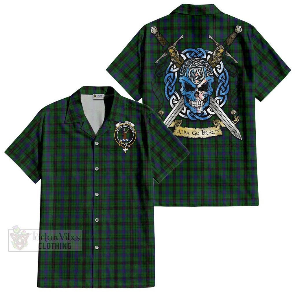 Tartan Vibes Clothing Davidson Tartan Short Sleeve Button Shirt with Family Crest Celtic Skull Style