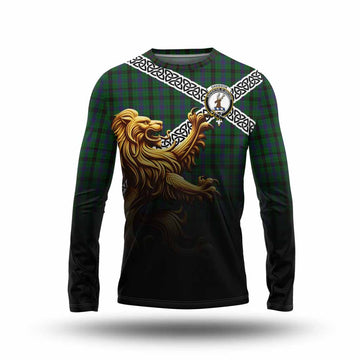 Davidson Crest Tartan Long Sleeve T-Shirt with Golden Lion Emblem Celtic Style Unisex - Tartan Vibes Clothing
