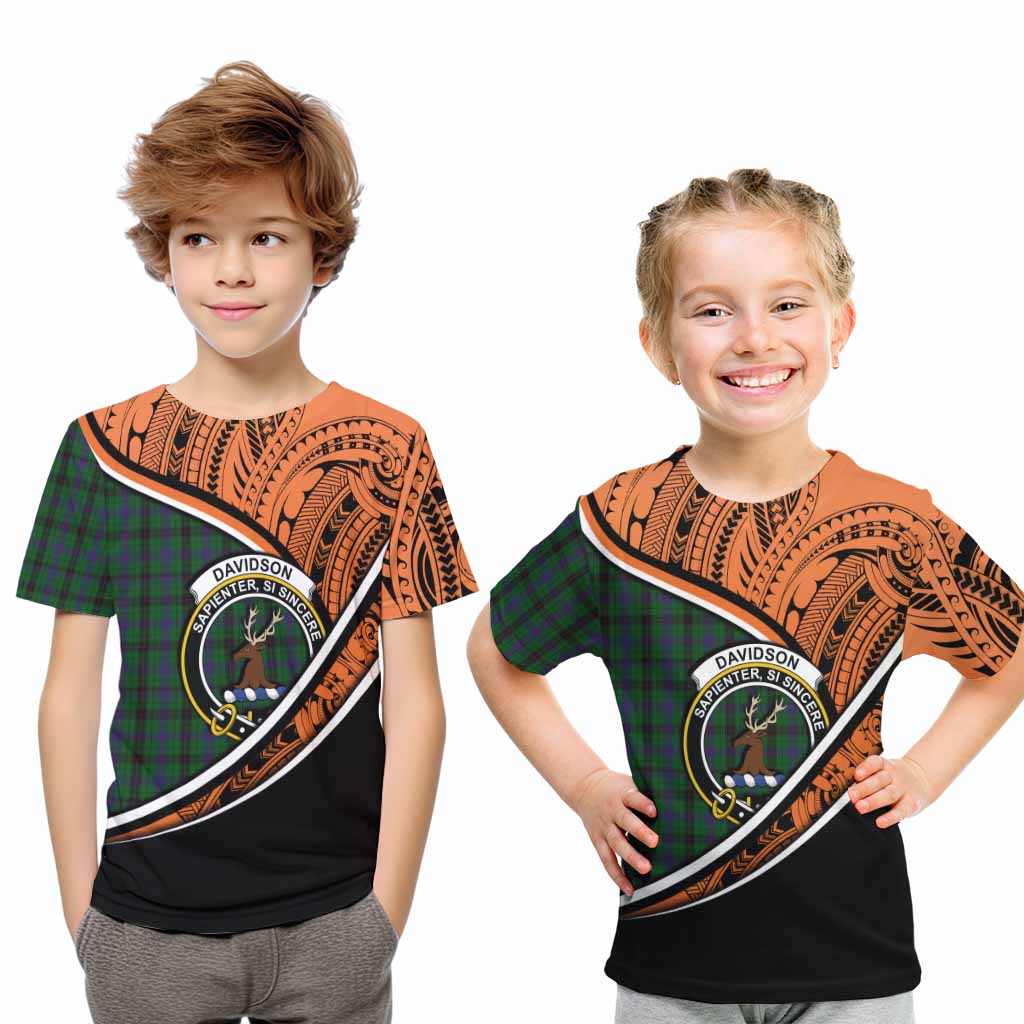 Tartan Vibes Clothing Davidson Crest Tartan Kid T-Shirt with Maori Tattoo Style - Orange Version