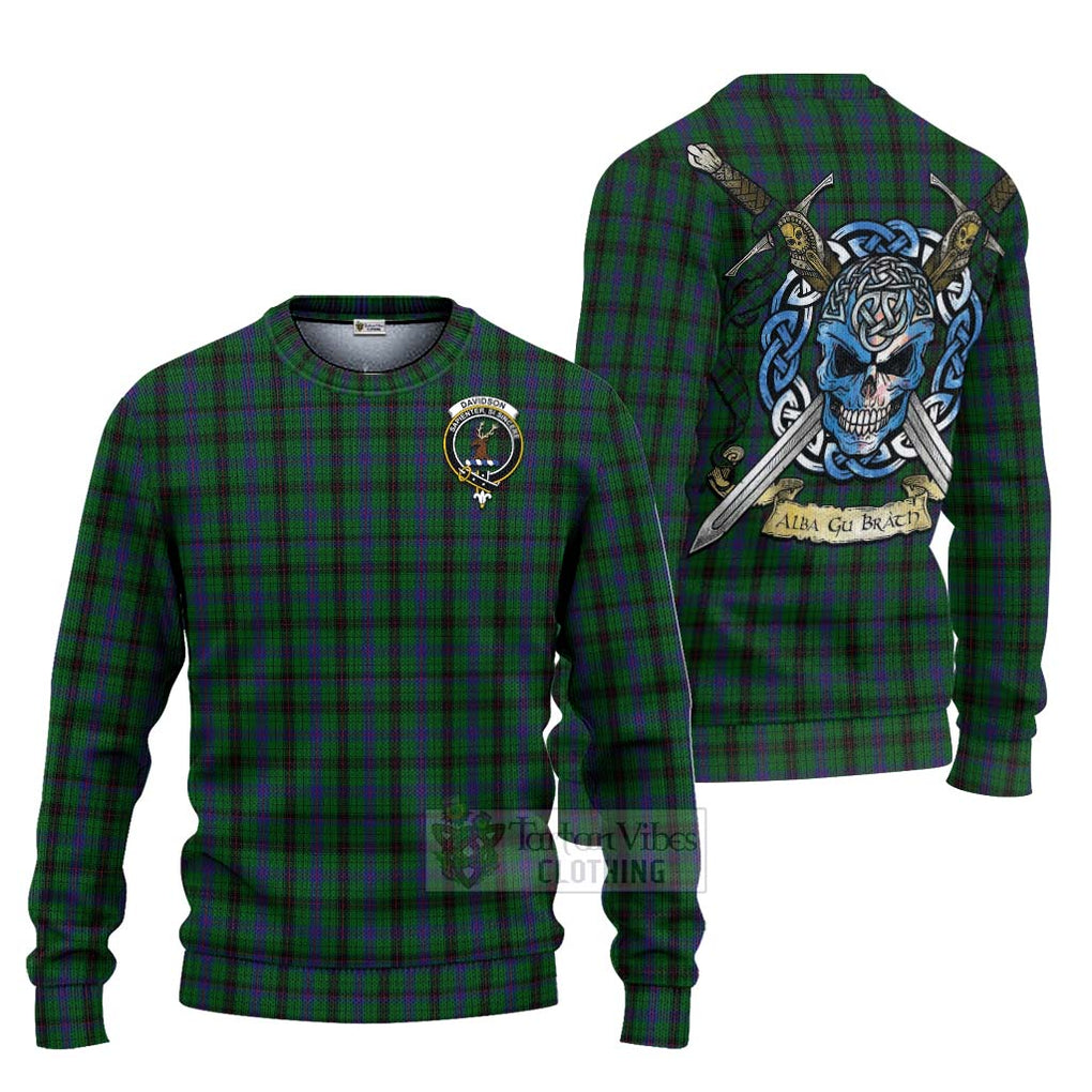 Tartan Vibes Clothing Davidson Tartan Knitted Sweater with Family Crest Celtic Skull Style