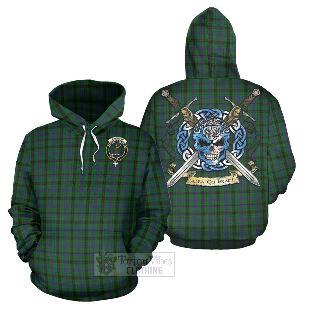 Tartan Vibes Clothing Davidson Tartan Hoodie with Family Crest Celtic Skull Style