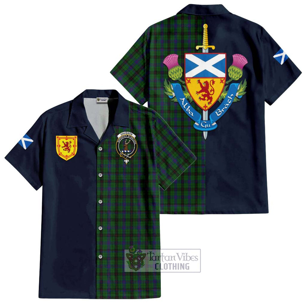 Tartan Vibes Clothing Davidson Tartan Short Sleeve Button Shirt with Scottish Lion Royal Arm Half Style