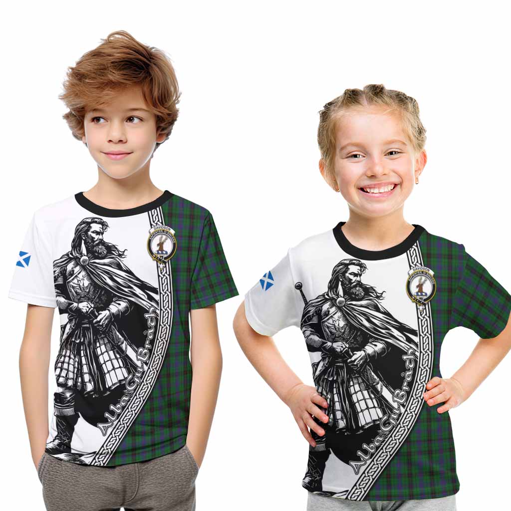 Davidson Tartan Clan Crest Kid T-Shirt with Highlander Warrior Celtic Style Youth XL Size14 - Tartan Vibes Clothing