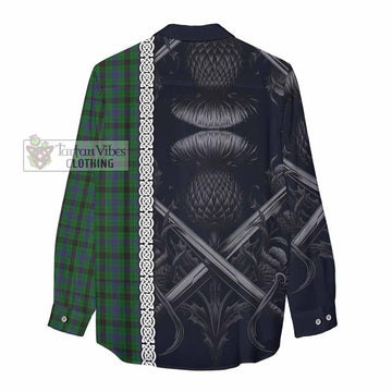 Davidson Tartan Women's Casual Shirt with Family Crest Cross Sword Thistle Celtic Vibes