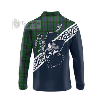 Davidson Tartan Long Sleeve Polo Shirt Featuring Thistle and Scotland Map - Tartan Vibes Clothing