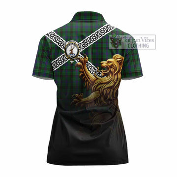Davidson Crest Tartan Women's Polo Shirt with Golden Lion Emblem Celtic Style - Tartan Vibes Clothing
