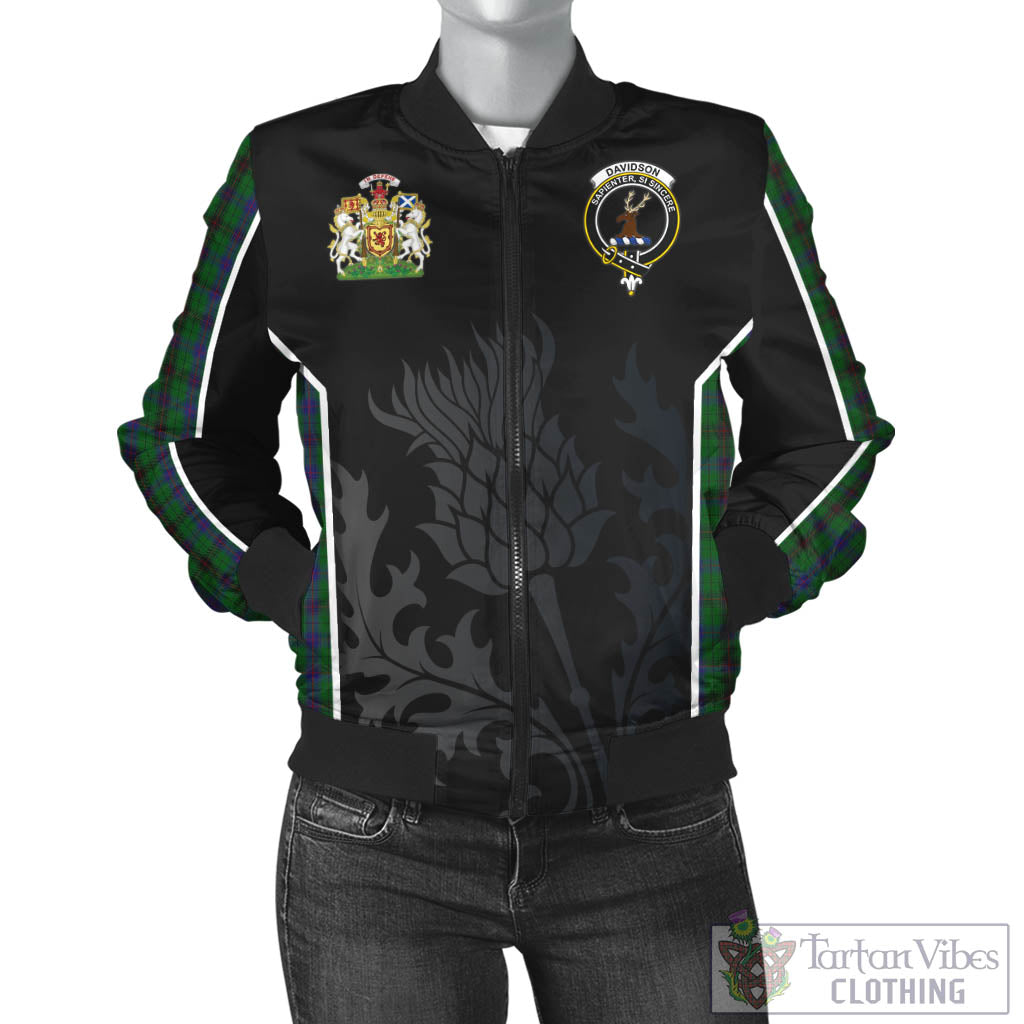 Tartan Vibes Clothing Davidson Tartan Bomber Jacket with Family Crest and Scottish Thistle Vibes Sport Style