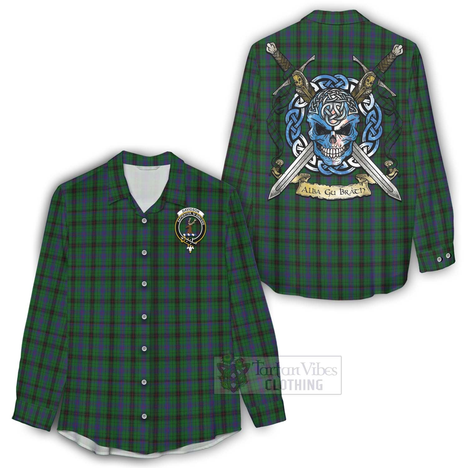 Tartan Vibes Clothing Davidson Tartan Women's Casual Shirt with Family Crest Celtic Skull Style