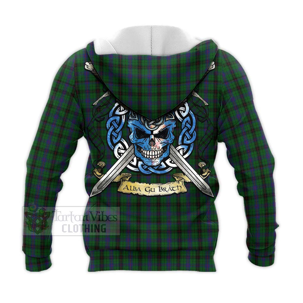 Tartan Vibes Clothing Davidson Tartan Knitted Hoodie with Family Crest Celtic Skull Style