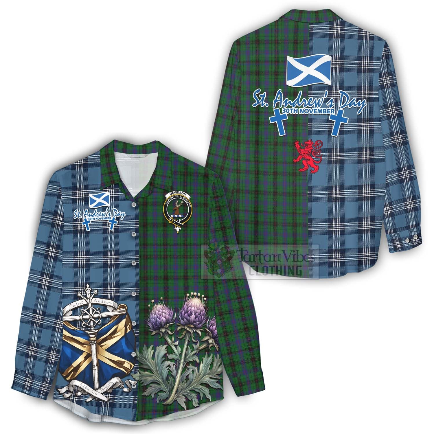 Tartan Vibes Clothing Davidson Tartan Women's Casual Shirt Happy St. Andrew's Day Half Tartan Style