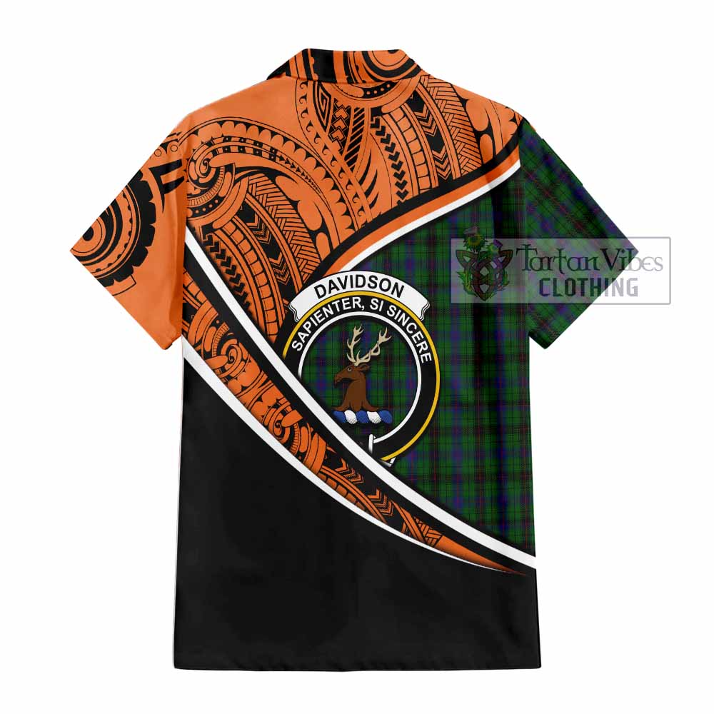 Tartan Vibes Clothing Davidson Crest Tartan Short Sleeve Button Shirt with Maori Tattoo Style - Orange Version