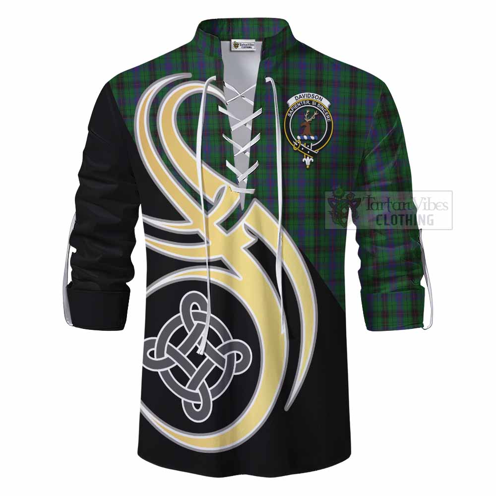 Tartan Vibes Clothing Davidson Tartan Ghillie Kilt Shirt with Family Crest and Celtic Symbol Style