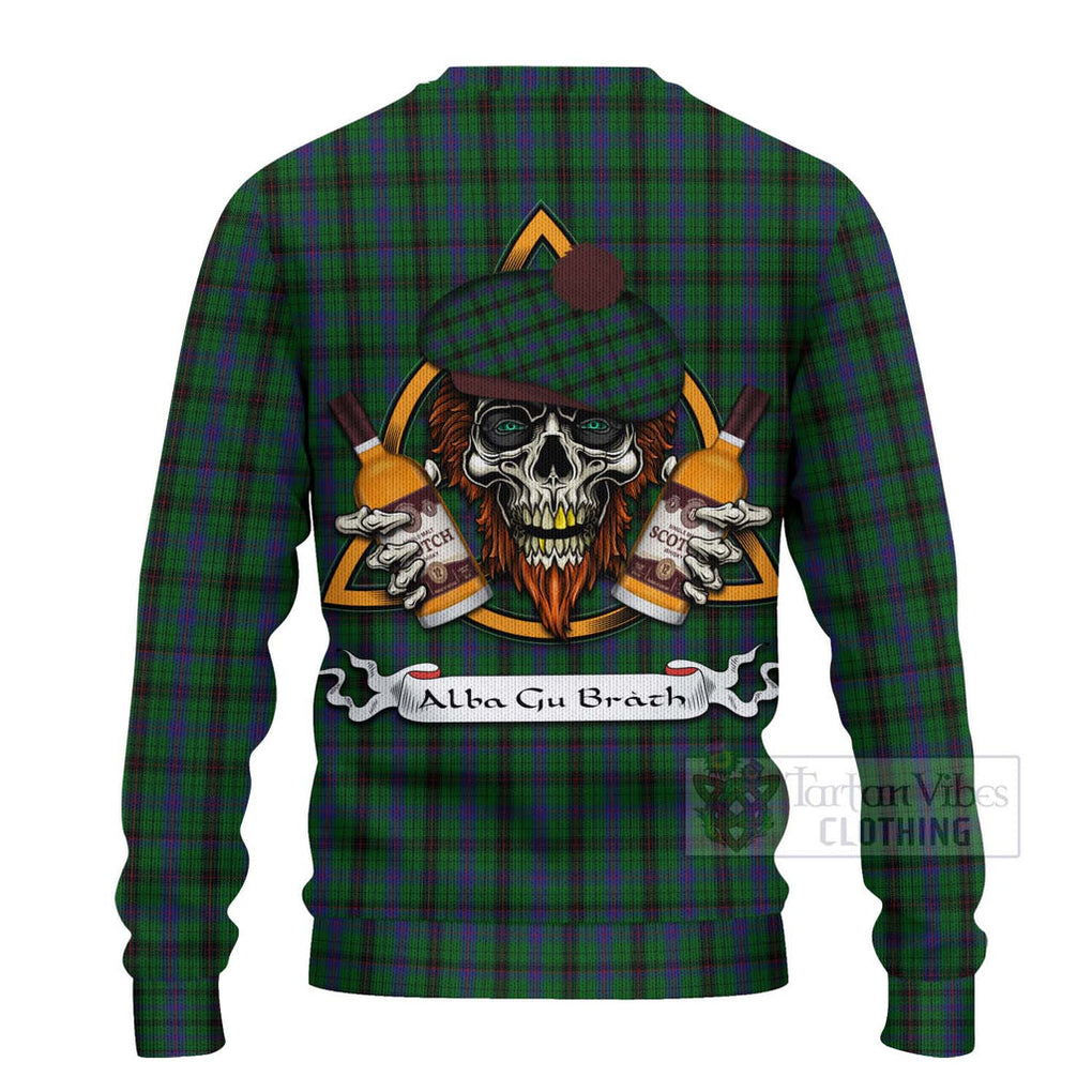 Tartan Vibes Clothing Davidson Tartan Knitted Sweater with Family Crest and Bearded Skull Holding Bottles of Whiskey