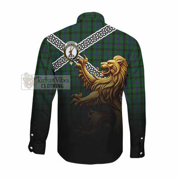 Davidson Crest Tartan Long Sleeve Button Shirt with Golden Lion Emblem Celtic Style Men's Shirt - Tartan Vibes Clothing