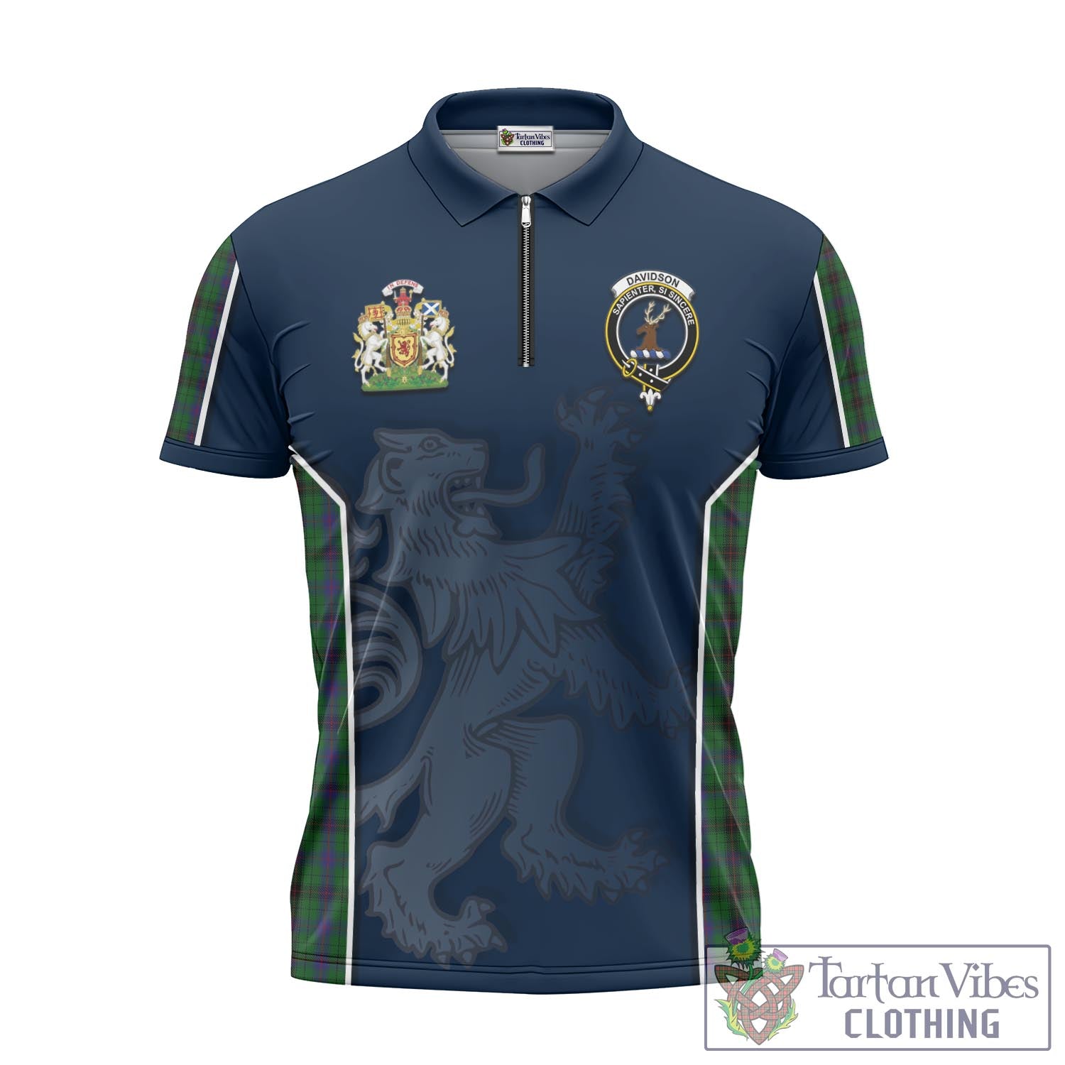 Tartan Vibes Clothing Davidson Tartan Zipper Polo Shirt with Family Crest and Lion Rampant Vibes Sport Style