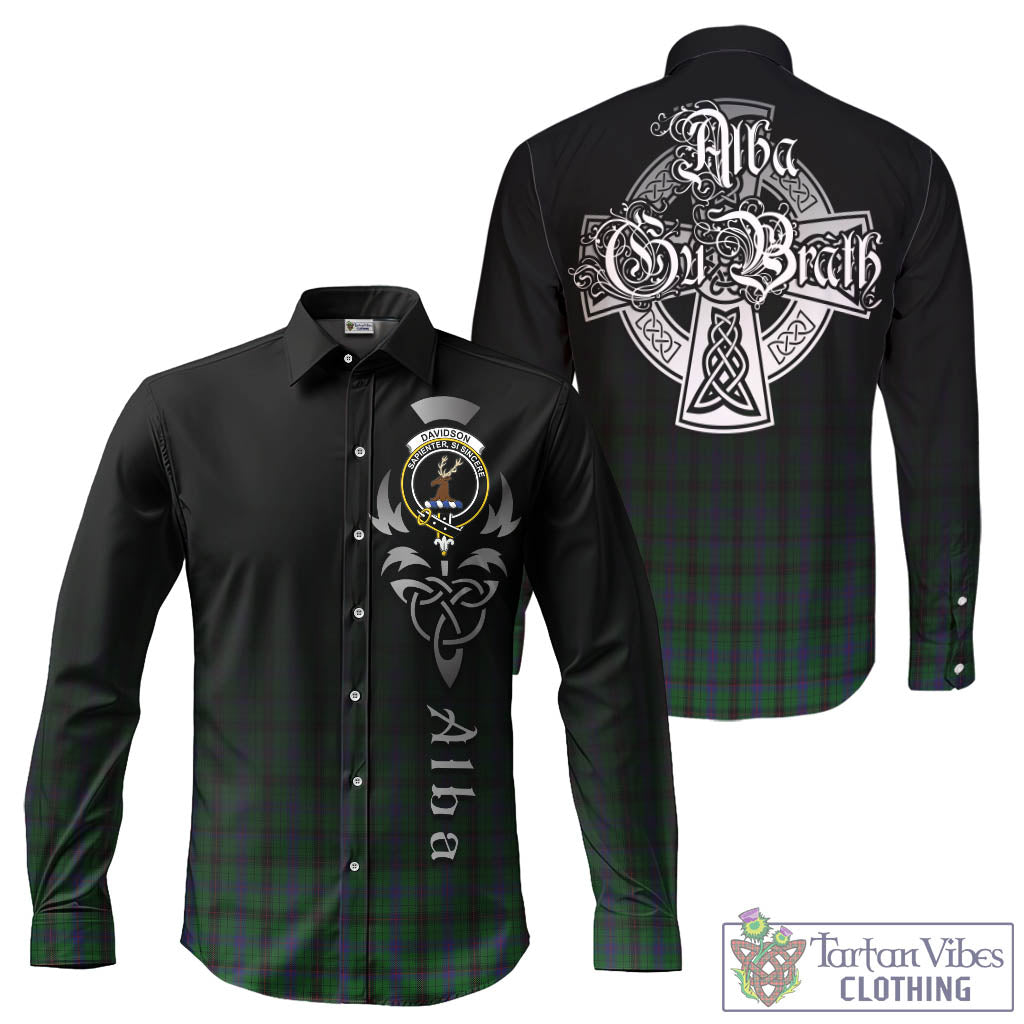 Tartan Vibes Clothing Davidson Tartan Long Sleeve Button Up Featuring Alba Gu Brath Family Crest Celtic Inspired