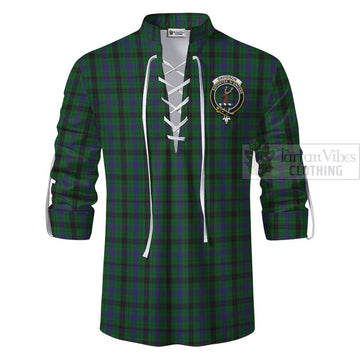 Davidson Tartan Ghillie Kilt Shirt with Family Crest and Bearded Skull Holding Bottles of Whiskey