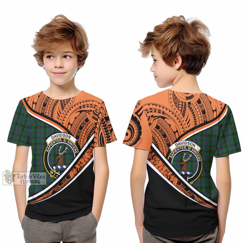 Tartan Vibes Clothing Davidson Crest Tartan Kid T-Shirt with Maori Tattoo Style - Orange Version