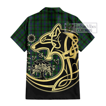 Davidson Tartan Short Sleeve Button Shirt with Family Crest Celtic Wolf Style