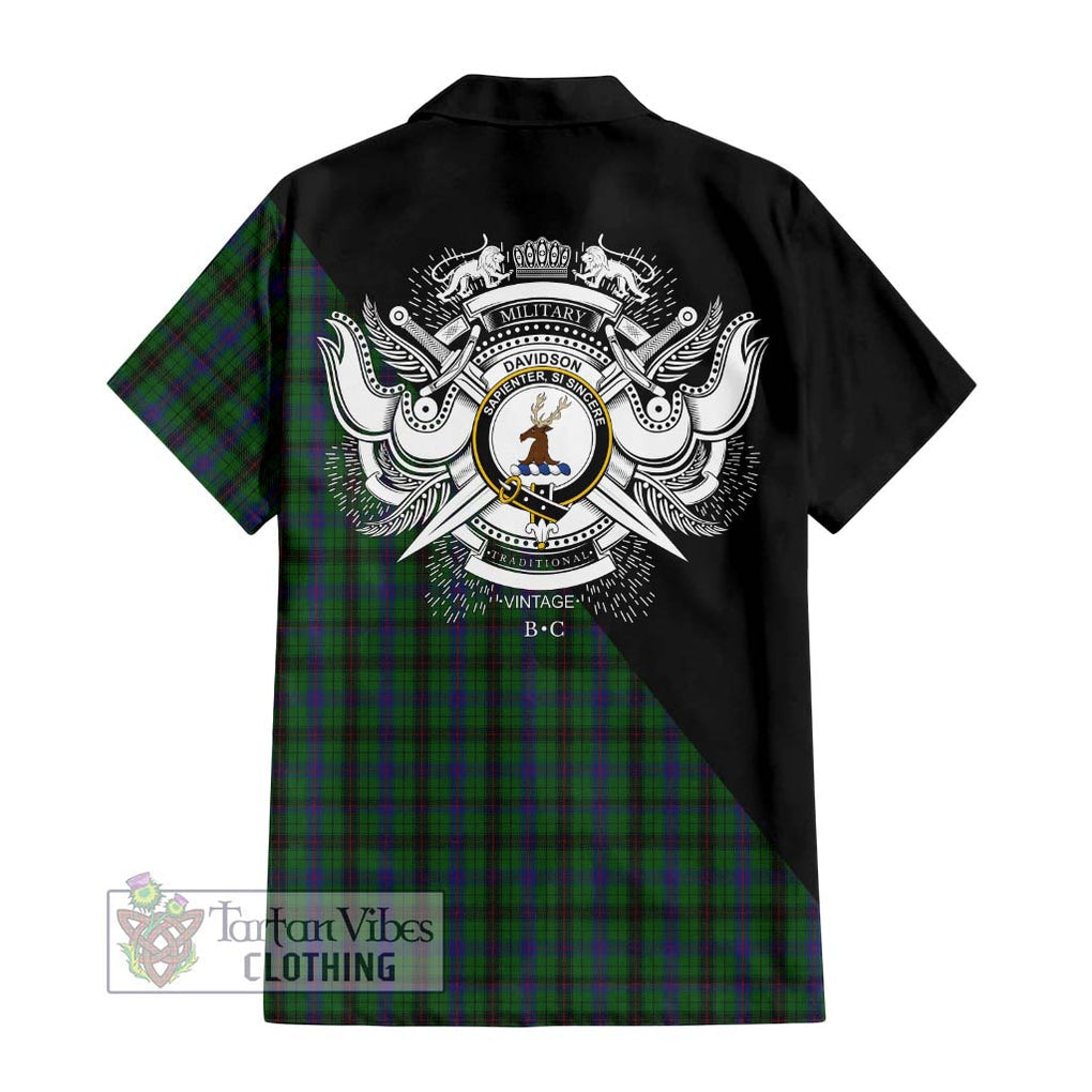 Davidson Tartan Short Sleeve Button Shirt with Family Crest and Military Logo Style - Tartanvibesclothing Shop