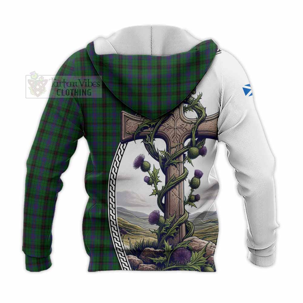 Tartan Vibes Clothing Davidson Tartan Knitted Hoodie with Family Crest and St. Andrew's Cross Accented by Thistle Vines