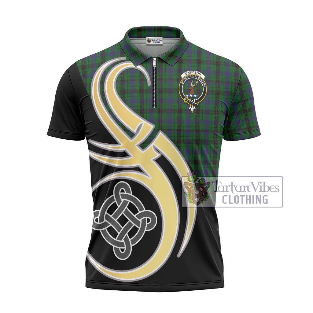 Tartan Vibes Clothing Davidson Tartan Zipper Polo Shirt with Family Crest and Celtic Symbol Style