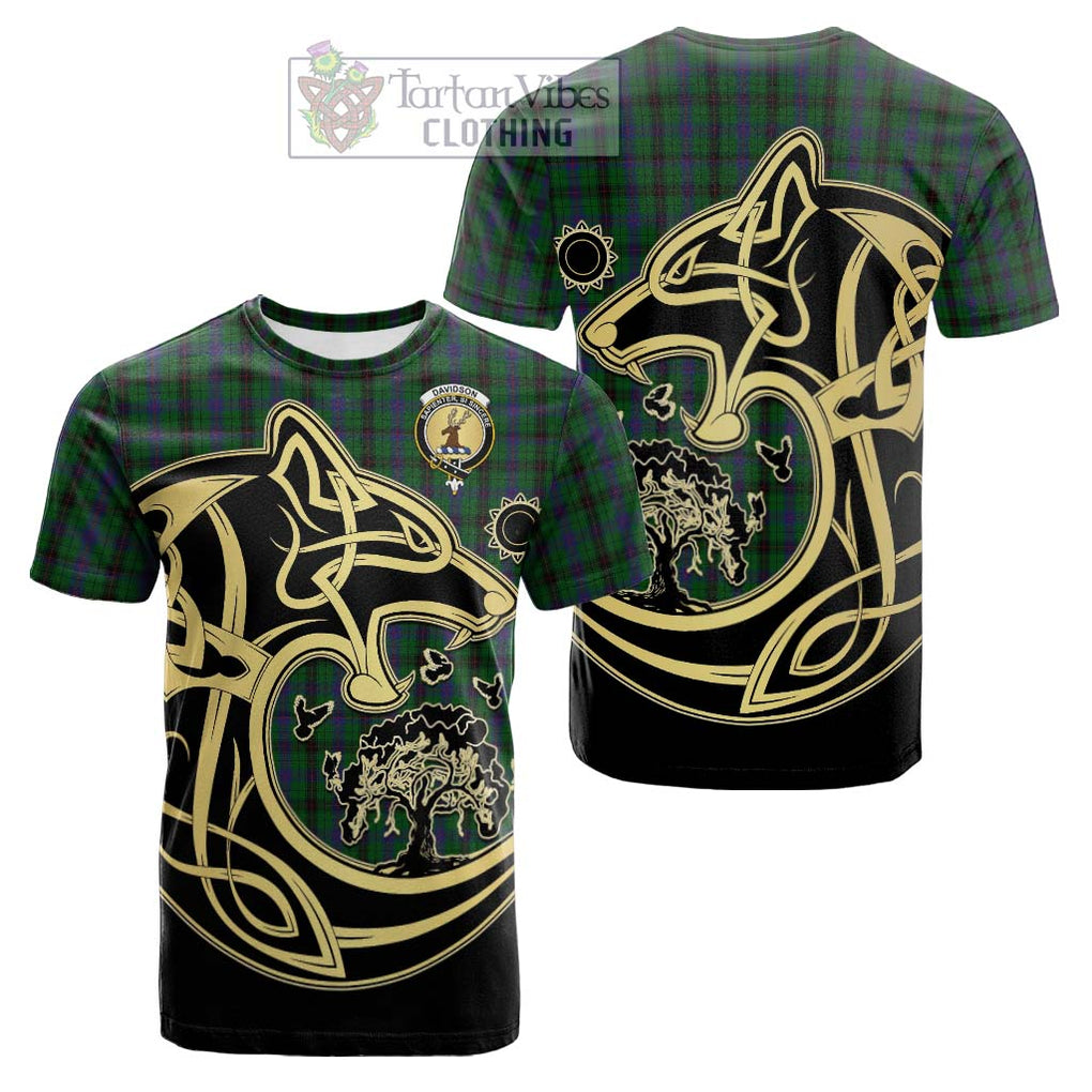 Tartan Vibes Clothing Davidson Tartan Cotton T-shirt with Family Crest Celtic Wolf Style