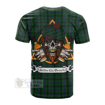 Davidson Tartan Cotton T-shirt with Family Crest and Bearded Skull Holding Bottles of Whiskey