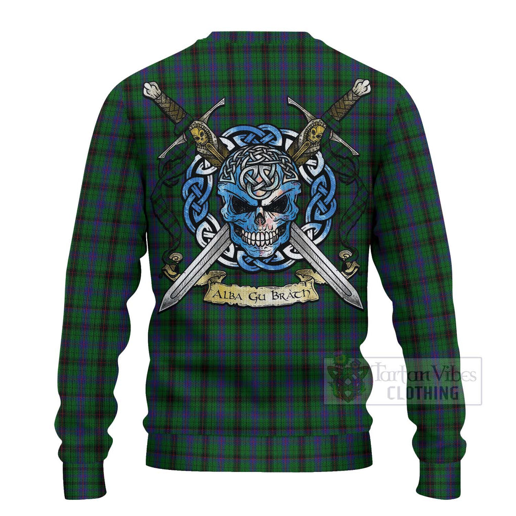 Tartan Vibes Clothing Davidson Tartan Knitted Sweater with Family Crest Celtic Skull Style