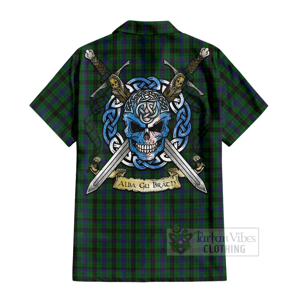 Tartan Vibes Clothing Davidson Tartan Short Sleeve Button Shirt with Family Crest Celtic Skull Style