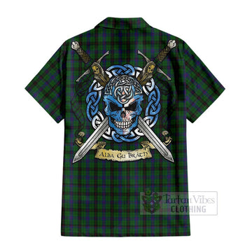 Davidson Tartan Short Sleeve Button Shirt with Family Crest Celtic Skull Style